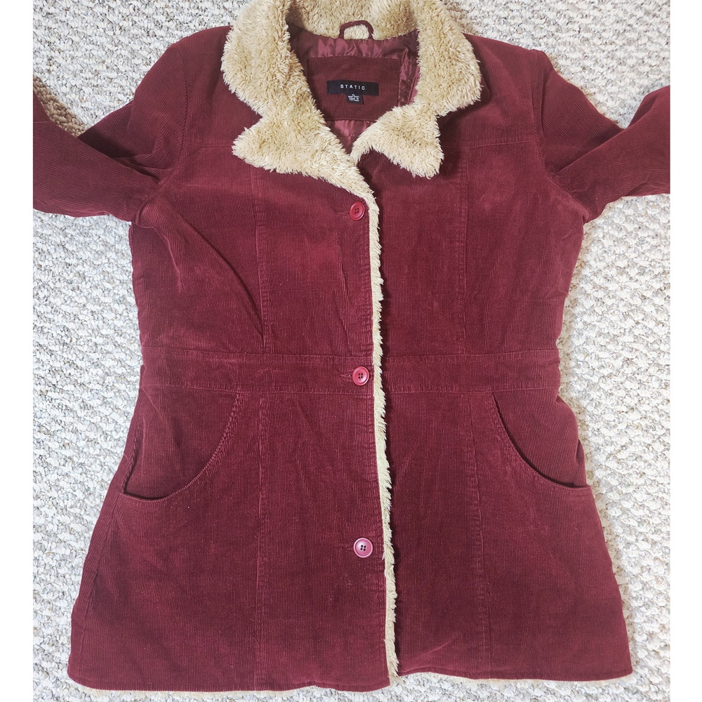 Static Women's Size  XL Red Corduroy Fur Trimmed Coat Boho Y2K Vintage - Picture 5 of 11